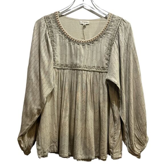 WORLD MARKET Tasha Taupe Geometric Embroidered Scoop Neck Babydoll Top NWT S/M - Picture 2 of 7